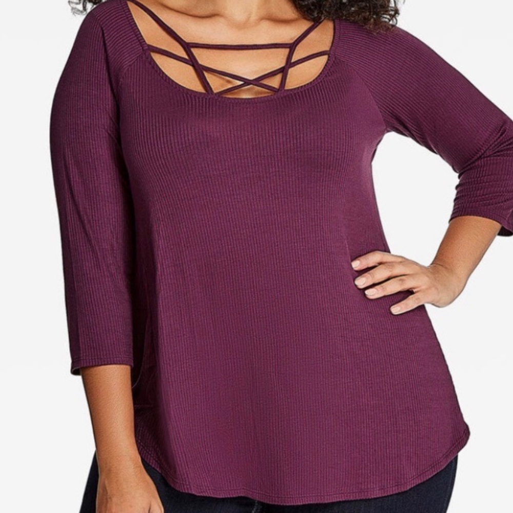 Ashley Stewart - Caged 3/4 Sleeve Ribbed Tee